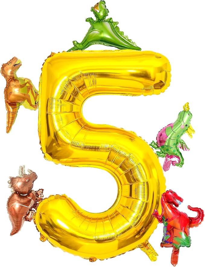 LilyZheng Dinosaur Balloon Number 5, 40 Inch Gold Foil Balloon and 5 Mini by LILYZHENG
