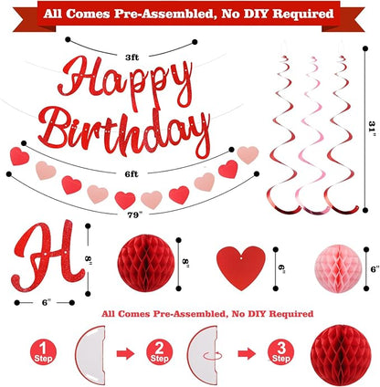YEOCU Birthday Decorations, No DIY Pre-Strung Happy Birthday Banner | Red Heart - Image 7