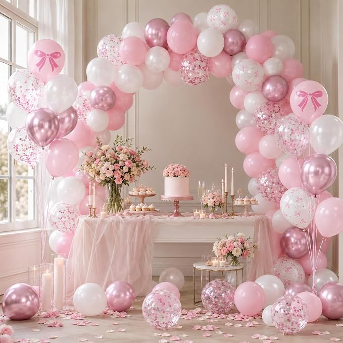 Pink Bow Balloons, Bow Printed Balloon Metallic Confetti Balloon - Image 7