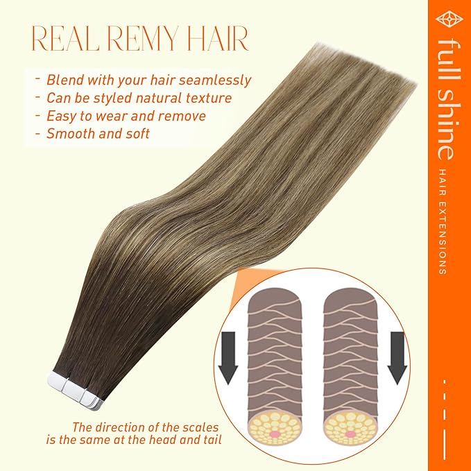 Full Shine Invisible Tape in Hair Extensions 16Inch 50Gram Color 2/3/27 Brown And Caramel Blonde Tape in Extensions Seamless Skin Weft Real Human Hair Extensions Tape ins 20 Pcs for Women