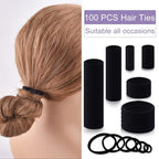 100PCS Various Sizes Black Hair Ties for Women,Elastics Hair Ties No Damage Ponytail Holder for Thick/Thin Hair Accessories,Soft Cotton Cloth Seamless Hair Bands