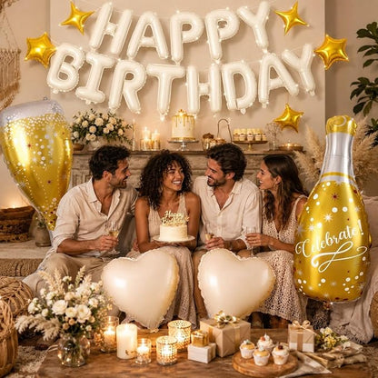 Cream Happy Birthday Balloons Banner, Champagne Bottle Glass Foil Balloon - Image 6