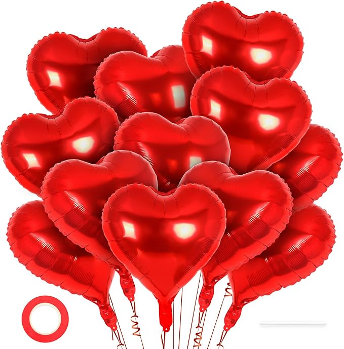 12 Pcs Red Heart Balloons, 18 Inch Heart Foil Balloons Love Balloon Valentine by YOTHORN