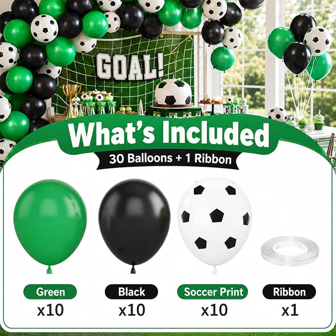 Football Balloons, 12 Inch Green Black White Latex Soccer Printed Balloons - Image 3