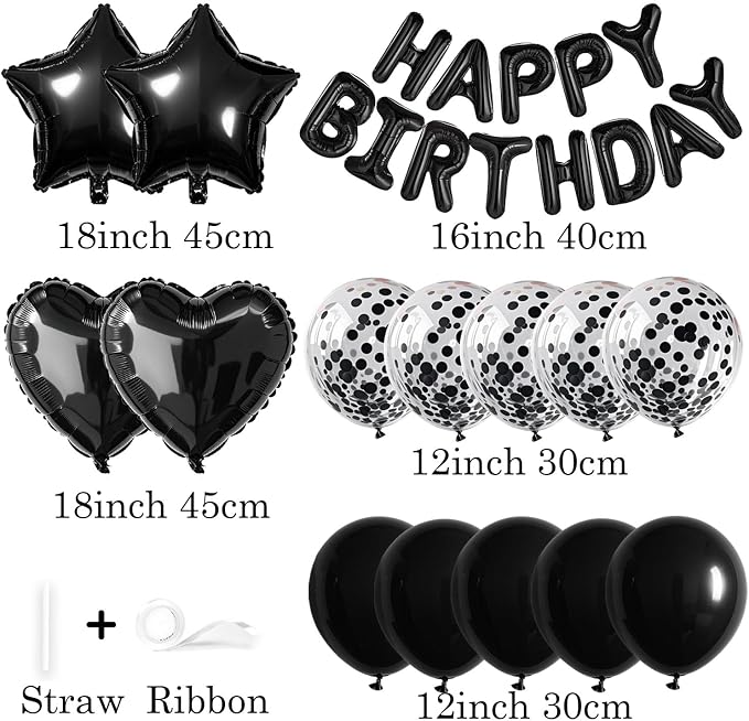 27 Pcs Black Birthday Decorations, 3D Foil Black Happy Birthday Balloon Banner - Image 2