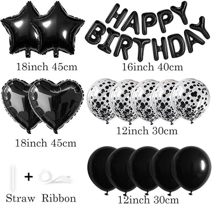 27 Pcs Black Birthday Decorations, 3D Foil Black Happy Birthday Balloon Banner - Image 2