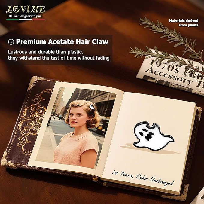 Original Italian Designed Mini Hair Claw Clips for Women- Ghost, Handmade Cute Vintage Hair Halloween Accessories, Plant-Based Acetate, Gift Boxed for Party/Daily