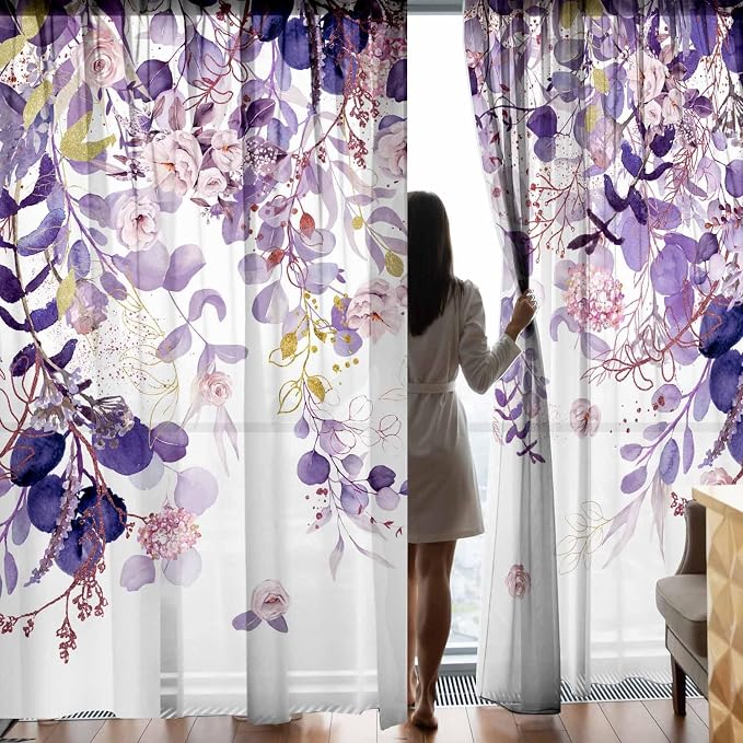 Purple Floral Sheer Curtains 84 Inch Length 2 Panels, Eucalyptus Leaves - Image 4
