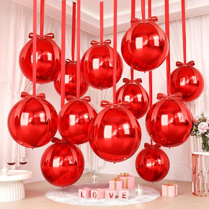Red Round Foil Balloons with Satin Bows and Ribbon by FunHot