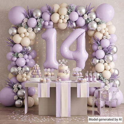 Cream Purple Number 14 Balloon 40 Inch, Foil Numeral Party Decor | Matte Pastel - Image 3