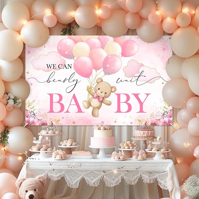 Mocsicka We Can Bearly Wait Backdrop Pink Bear Baby Shower Banner Girls Baby - Image 2