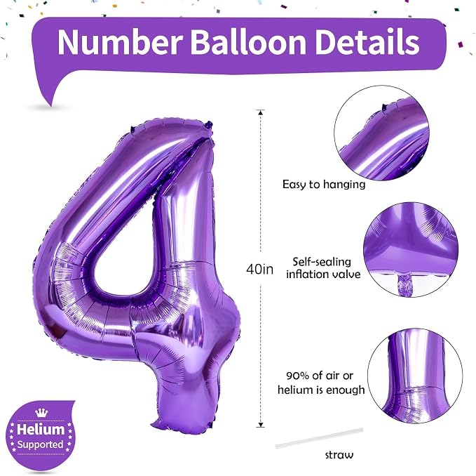 40 Inch Number Balloons 4 for Kids, Large Purple Number Balloon - Image 3