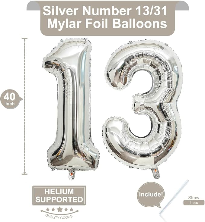 40 Inch Silver 13 Number Balloons Giant Jumbo Huge 13 or 31 Foil Mylar Helium - Image 2