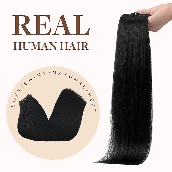 GOO GOO Clip in Hair Extensions Real Human Hair, Remy Human Hair Extensions Clip ins for Women, Natural Human Hair, 18inch 130g 7Pcs, 1 Jet black