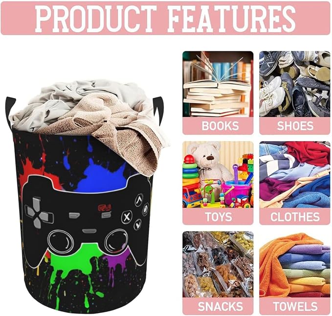 Gaming Theme Round Laundry Hamper Game Joystick Storage Basket Toys Clothes - Image 5