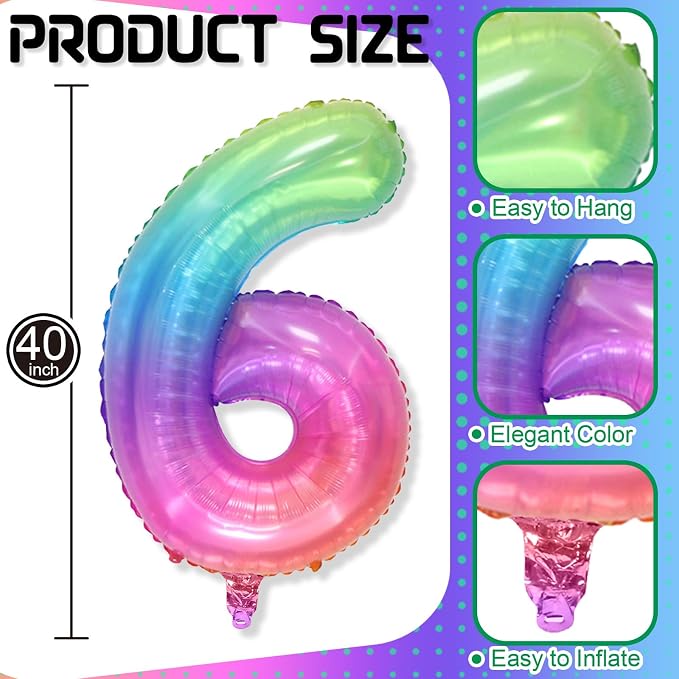 40 Inch 6 Balloon Number, Large Rainbow Foil Number 6 Balloons Birthday Party - Image 2
