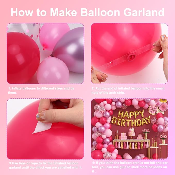 RUBFAC Pink Balloons Garland Arch Kit, Party Balloons Hot Pink Latex Confetti - Image 3