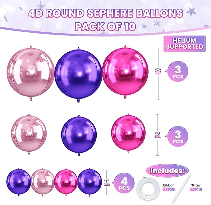 10Pcs Pink and Purple Round Foil Balloons, Metallic Hot Pink Purple Foil Baloon - Image 3