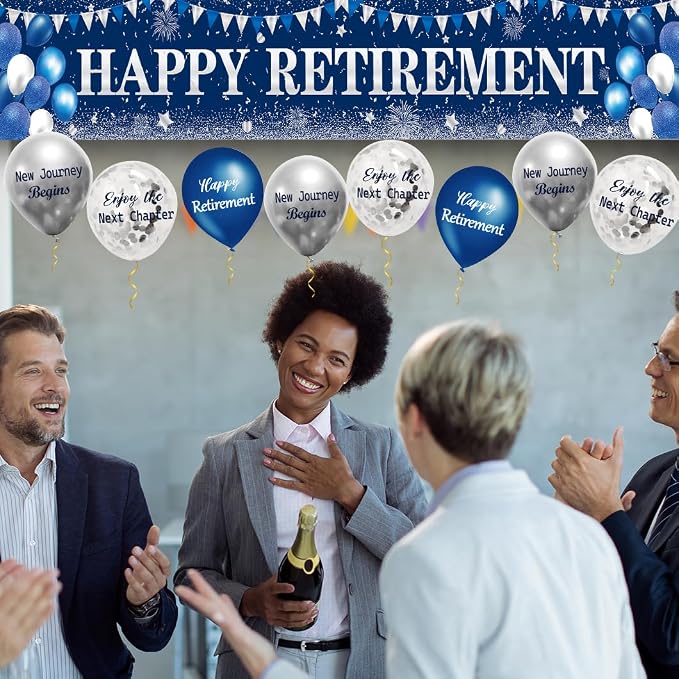 GOLDCROW Retirement Party Decorations Blue Silver Happy Retirement Banner - Image 3