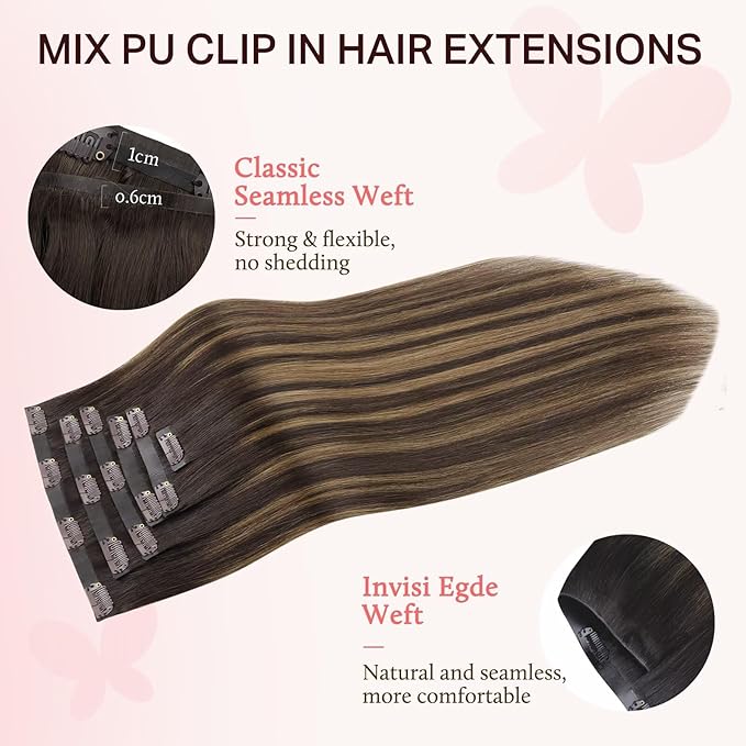 DOORES Clip in Hair Extensions Set 20 Inch 120g, 4pcs Invisi Edge Clip ins and 3pcs Classic Seamless Clip ins, Injected Virgin Real Human Hair Extensions Natural Invisible Straight, #(T2/6) P2