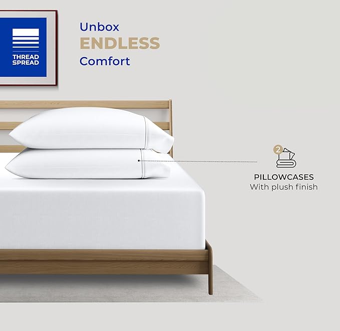 THREAD SPREAD 100% Cotton King Size Pillow Cases Set of 2-400 Thread Count Pillow Cases King Size Set of 2 (White), Luxuriously Soft Hotel Quality Sateen Weave Pillowcases, Crisp & Cool