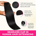 Lashey Seamless Clip in Hair Extensions Human Hair 130g 9pcs #1 Jet Black Light Yaki Straight 14 Inch Clip in Hair Extensions Full Pack with Soft PU Invisi Edge