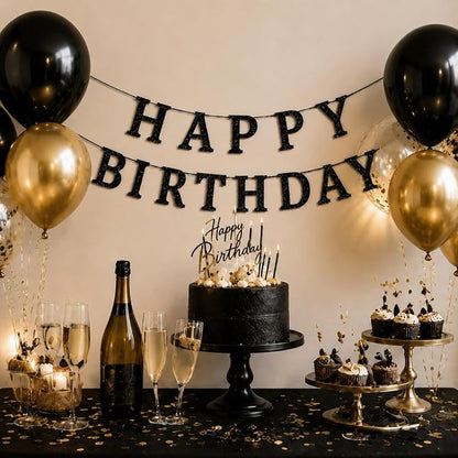 Happy Birthday Banner Black Glitter Birthday Party Banner Pre-Strung | Happy - Image 5
