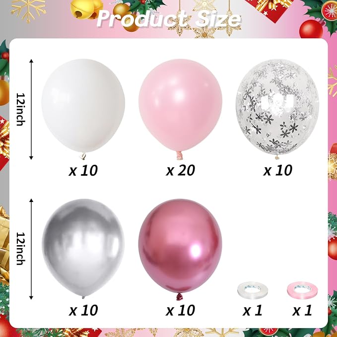Pink Winter Wonderland Balloons, Metallic pink Silver and Snow Balloon - Image 2