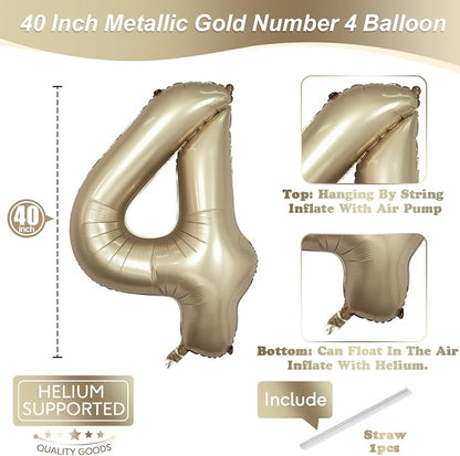 Metallic Gold Number 4 Balloons, 40 In Large Champagne Number 4 Mylar Foil - Image 2