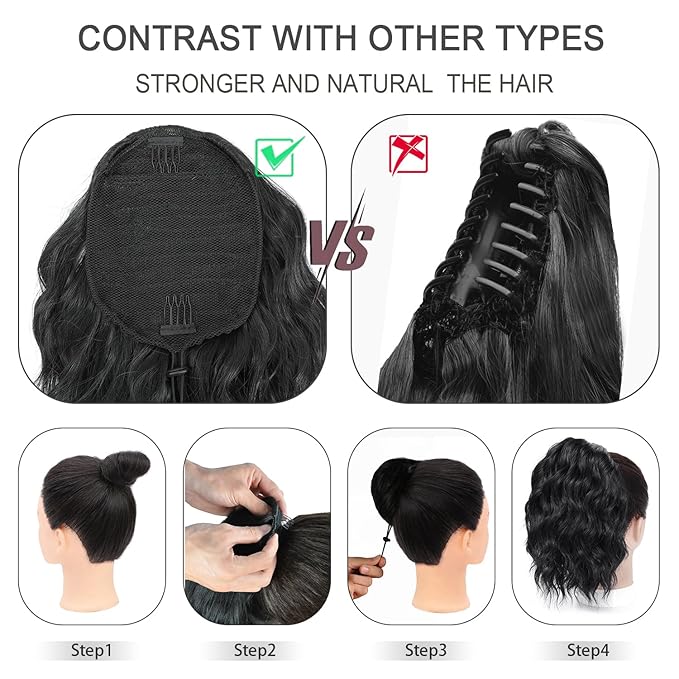 Ponytail Extension-12 Inch Drawstring Ponytail Hair Extensions for Women Synthetic Curly Wavy Fake Pony Tails Hair Pieces for Daily Party Use (Mixed Brown)