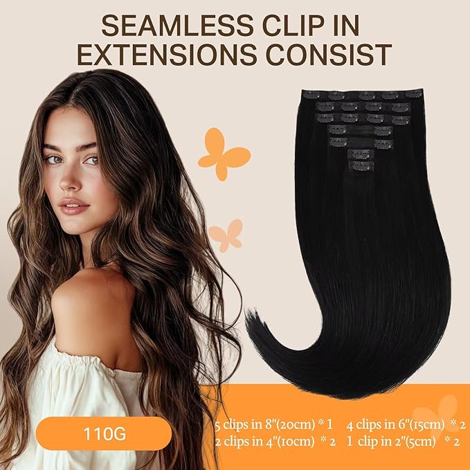 DOORES Seamless Clip in Hair Extensions Real Human Hair, Jet Black 120g 7pcs 24 Inch, Hair Extensions Clip in Human Hair Extensions Clip ins with Skin Weft Remy Straight Hair
