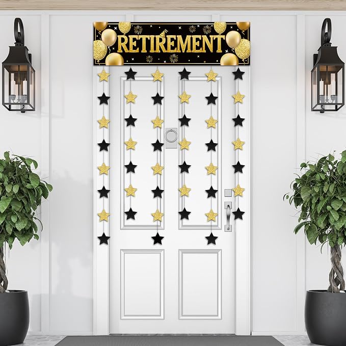 Blosssound Retirement Party Decoration Happy Black Gold Retirement Door Banner by Blosssound
