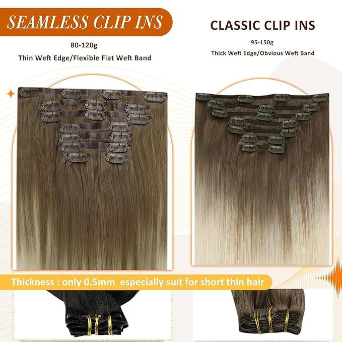 Full Shine Human Hair Clip in Extensions Brown Ombre Hair Extensions Clip ins Light Brown Ombre Platinum Blonde Short Clip ins Full Head 12 Inch 8 PCS 95 G