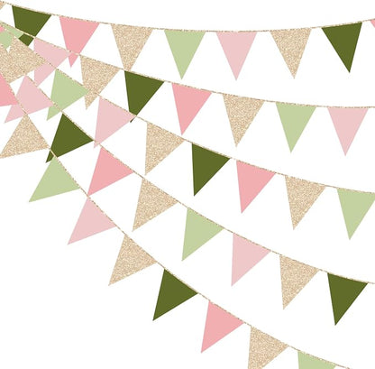 Sage Green Dusty Rose Pink Champagne Gold Pennant Banner Flag Hanging Glitter by pinkblume