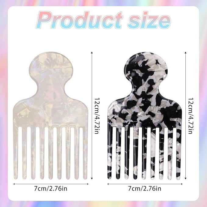 2pcs Wide Tooth Hair Pick for Afro, Smooth Pick Lift Comb, Hair Styling Tools for Men & Women Detangling and Volumizing Long Thick or Short Curly Wavy (Black, White)
