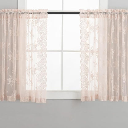 Kotile Blush Pink Lace Curtains Country Floral W42 x L36 Inch, 2 Panels | Rod - Image 5