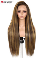 WIGNEE 13x6 Synthetic Lace Front Wig 28" Long Straight Wig Natural Black Kanekalon Futura Synthetic Wigs for Black Women Pre-Plucked Glueless Wig for Daily Party Use