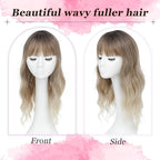 Hair Topper, 360° 3D Hair Toppers for Women with Thinning Crown, 20 Inch Long Wavy Curly Hair Pieces Clip in Bangs (Ombre Highlights Brown with Dark Root, 20 inch, French Bangs)