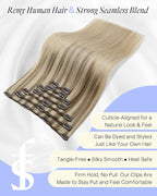 Full Shine Invisible Clip in Hair Extensions Human Hair 135 G Caramel Latte Rooted Highlight Blonde Clip in Human Hair Extensions 18 Inch 7 Pcs