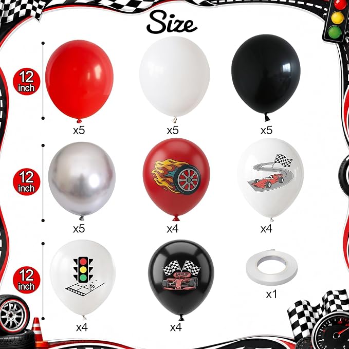 Race Car Balloons, 12 Inch Racing Car Latex Balloon | Red Black White Print - Image 2