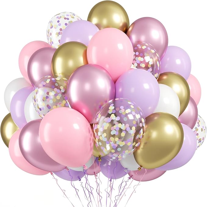 Pink Purple Balloons, 12 Inch Metallic Gold Colorful Confetti Latex Balloons by FunHot