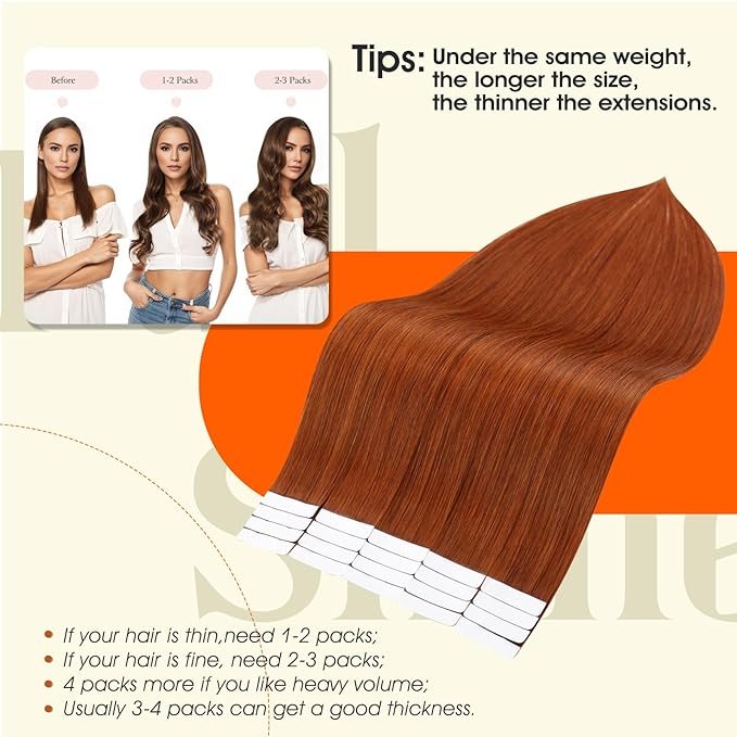 Full Shine Hair Extensions Human Hair Color 550 Copper Tape in Extensions Human Hair 24Inch Remy Seamless Extension 50Gram 20Pcs Natural Straight Skin Weft for Party Brazilian