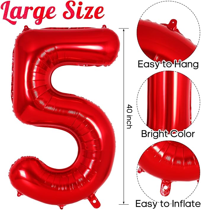 Red Number 5 Balloon 40 Inch, Big Large Foil Helium Number Balloons, Jumbo - Image 3