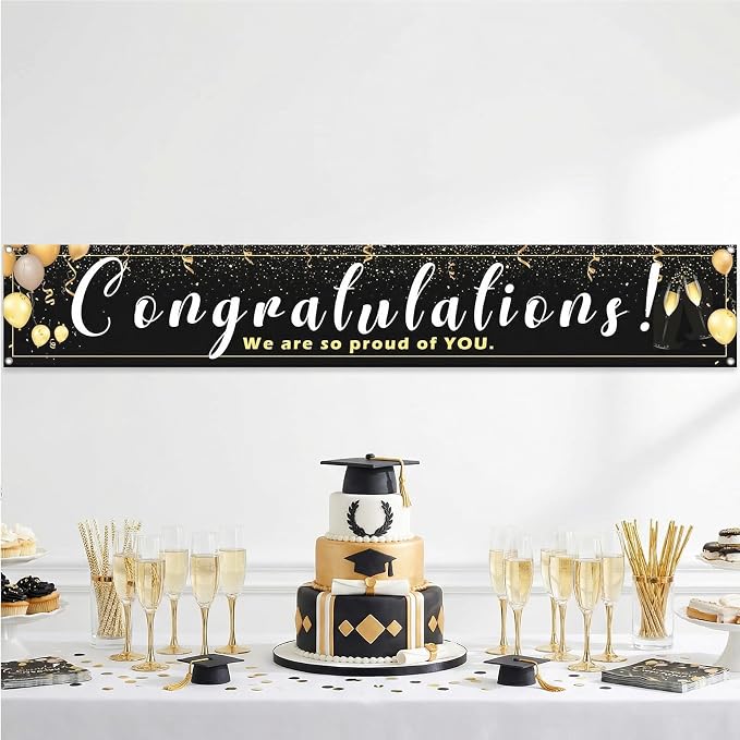 Large Congratulations Decoration Banner Graduation Yard Sign Banner Black Gold - Image 5