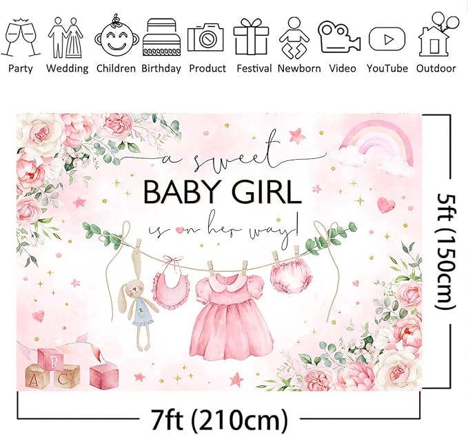 Mocsicka Sweet Baby Girl Baby Shower Backdrop Princess Pink Greenery Party - Image 2