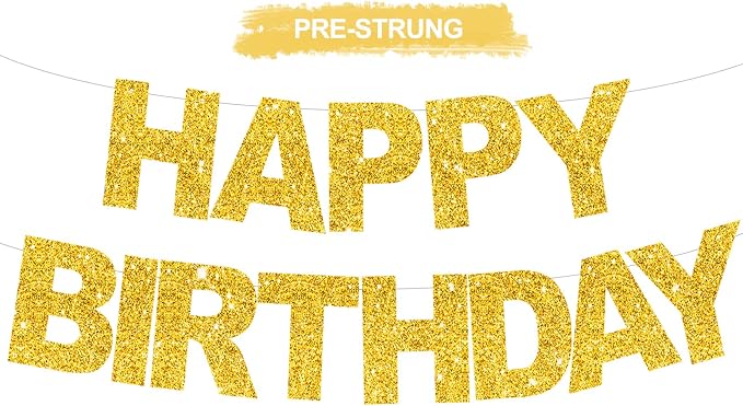 BEISHIDA Pre-Strung Glitter Gold Happy Birthday Banner Party Sign Decor | NO DIY by Beishida