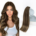 Sunny Hair Tape in Hair Extensions Real Human Hair Invisible Remy Hair Extensions Tape ins for Women Dark Brown Root to Caramel Blonde Balayage 18 inch 20Pcs 50G