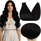 Full Shine Tape in Hair Extensions Human Hair 20Inch Color 1 Jet Black Soft Straight Tape Extensions Invisible Tape in Hair Extensions 40Pcs Seamless Skin Weft Hair Extensions Tape in 100G