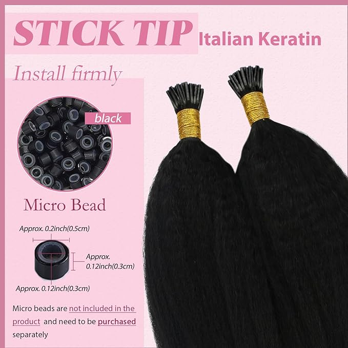 YoungSee Kinky Straight I Tip Hair Extensions Human Hair Black Kinky I Tip Extensions Remy Hair 80s 50g Itip Hair Extension Real Human Hair Yaki for Black Women Short 14Inch