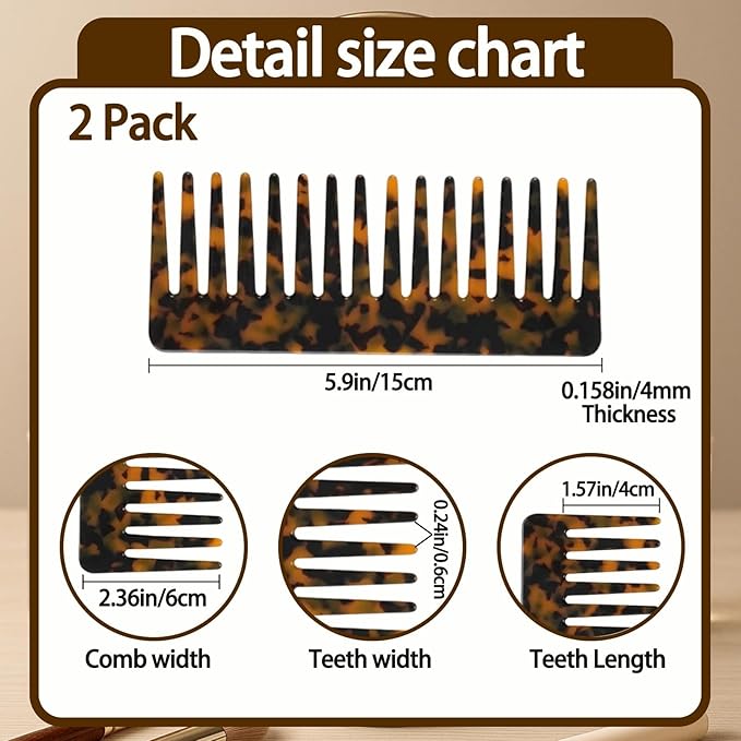Large Hair Wide Tooth Combs, 2 Pack Cellulose Acetate Detangling Combs for Women Thick Curly Wavy Wet Dry Hair (Tortoise Shell, Ivory)